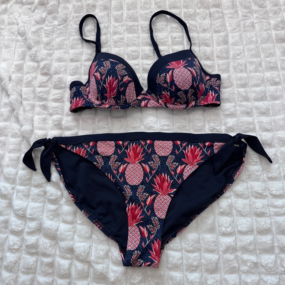 Boden Two Piece Swimsuit Bikini Pineapple Floral Blue Pink Beach Tropical 14 36B